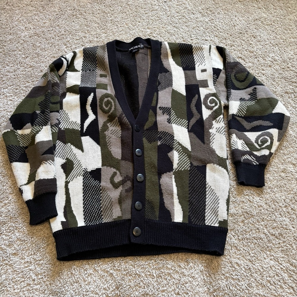 Bachrach Cardigan Sweater Mens L Green Tan Geometric Button Front Abstract 90s